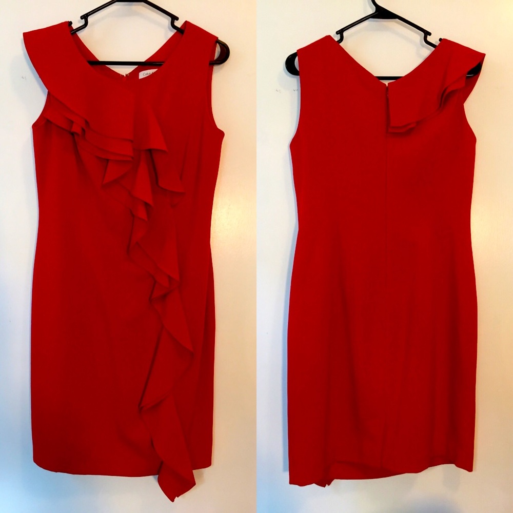 Classy Red Calvin Klein Ruffled Sheath Dress
